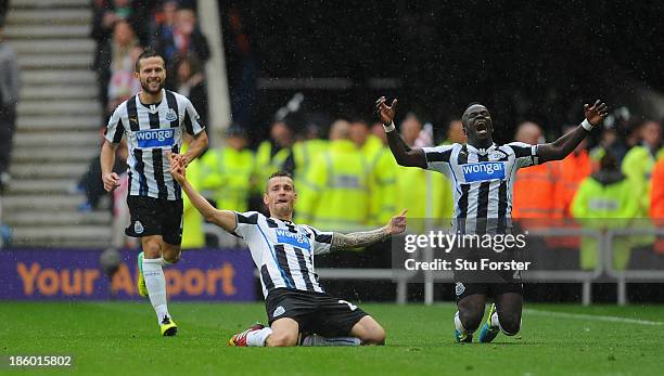 Newcastle player Mathieu Debuchy celebrates his goal uring the Barclays Premier League match between Sunderland and Newcastle United at Stadium of...