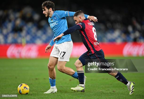 Nahitan Nandez of Cagliari Calcio challenges Khvicha Kvaratskhelia of SSC Napoli during the Serie A TIM match between SSC Napoli and Cagliari Calcio...