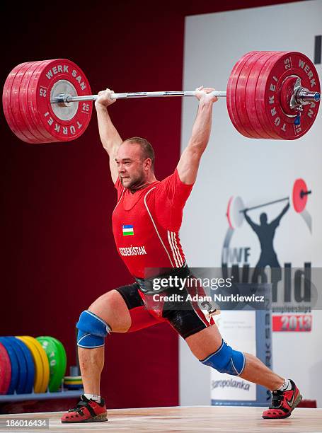 Ruslan Nurudinov of Uzbekistan lifts in the Clean & Jerk competition men's 105 kg Group A during the IWF World Weightlifting Championships Wroclaw...