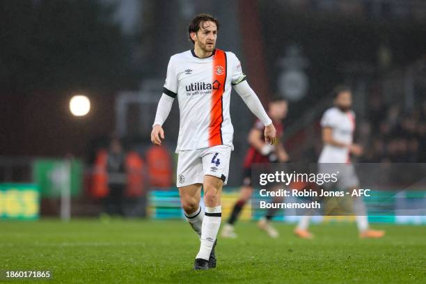 Tom Lockyer of Luton Town looks on during the Premier League match between AFC Bournemouth and Luton Town at Vitality Stadium on December 16, 2023 in...