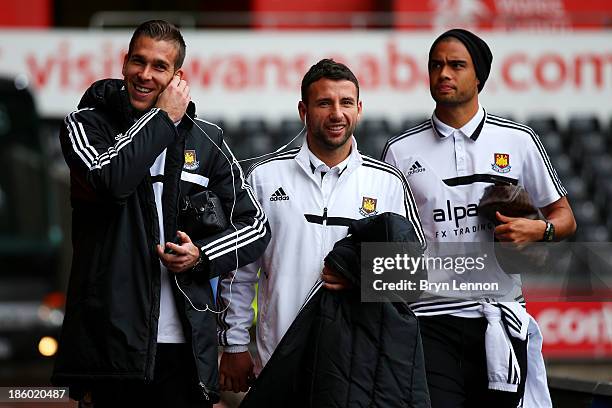 Adrian, Razvan Rat and Winston Reid of West Ham arrive at the stadium for the Barclays Premier League match between Swansea City and West Ham United...