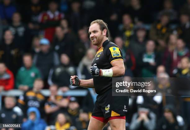 Andy Goode of Wasps celebrates after kicking a long range penalty during the Aviva Premiership match between London Wasps and Leicester Tigers at...