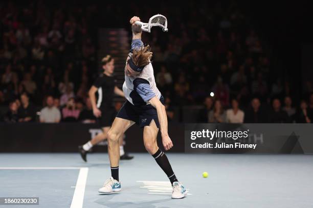 Alexander 'The Bublik Enemy' Bublik of Kazakhstan reacts as he smashes up his racket in the Group B match against Holger 'The Viking' Rune of Denmark...