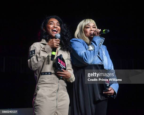 Honorees Rozonda "Chilli" Thomas and Tionne "T-Boz" Watkins of TLC onstage during Winterfest at State Farm Arena on December 15, 2023 in Atlanta,...