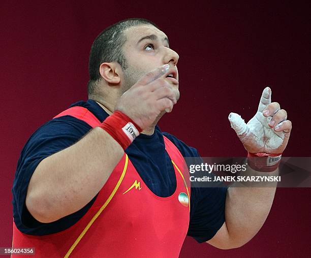 Bahador Moulaei of Iran reacts as he competes in men's +105 kg weightlifting IWF World Championships at Centennial Hall in Wroclaw, Poland on October...