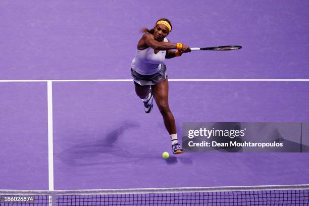 Serena Williams of the United States returns a forehand to Li Na of China in their Womens Final match during day six of the TEB BNP Paribas WTA...