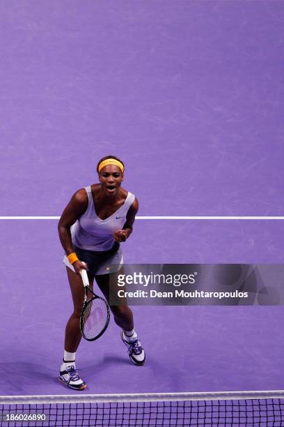 Serena Williams of the United States celebrates winning a point against Li Na of China in their Womens Final match during day six of the TEB BNP...