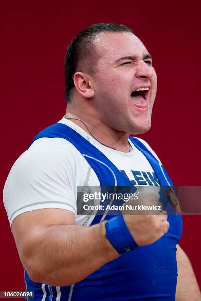 Ruslan Albegov from Russia reacts after his lift in the Snatch competition men's +105 kg Group A during weightlifting IWF World Championships Wroclaw...