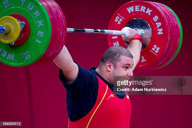 Bahador Moulaei from Iran lifts in the Snatch competition men's +105 kg Group A during weightlifting IWF World Championships Wroclaw 2013 at...