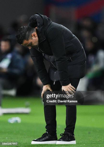 Head Coach Xavi Hernandez of FC Barcelona react during the LaLiga EA Sports match between FC Barcelona and Girona FC at Estadi Olimpic Lluis Companys...