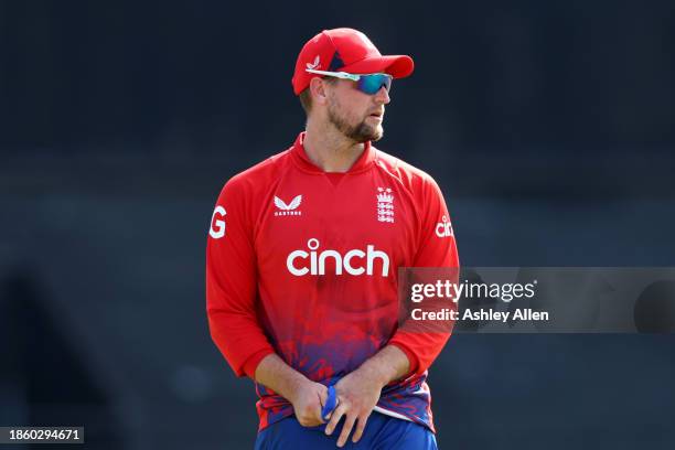 Liam Livingstone of England looks on during the 3rd T20 International match between West Indies and England at the National Cricket Stadium on...