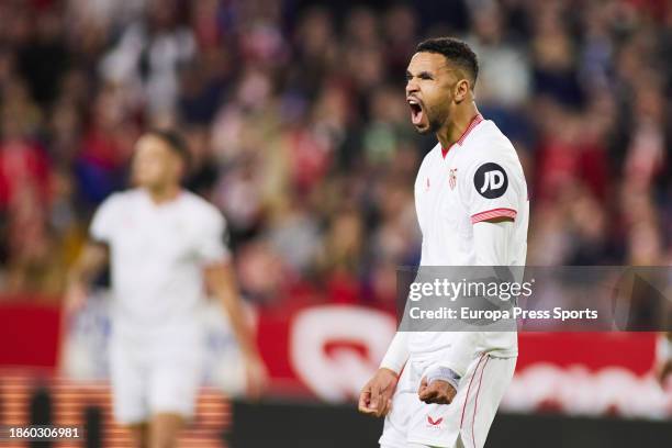 Youssef En-Nesyri of Sevilla FC protests during the Spanish league, LaLiga EA Sports, football match played between Sevilla FC and Getafe CF at Ramon...