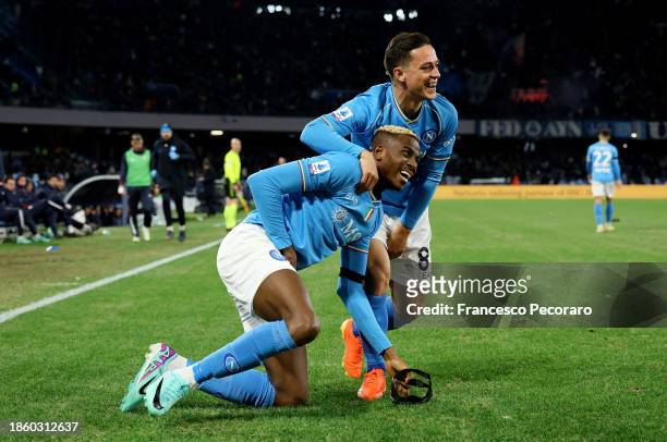 Victor Osimhen of SSC Napoli celebrates with teammate Giacomo Raspadori after scoring their team's first goal during the Serie A TIM match between...