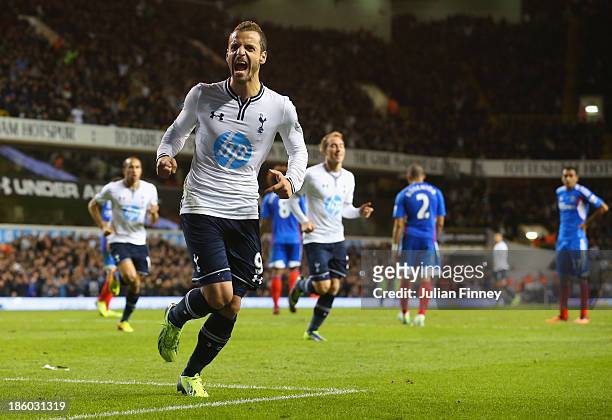 Roberto Soldado of Spurs celebrates scoring their first goal during the Barclays Premier League match between Tottenham Hotspur and Hull City at...
