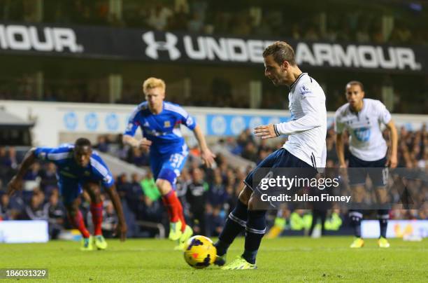 Roberto Soldado of Spurs scores their first goal from the penalty spot during the Barclays Premier League match between Tottenham Hotspur and Hull...