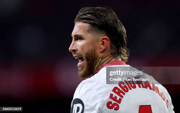 Sergio Ramos of Sevilla FC reacts during the LaLiga EA Sports match between Sevilla FC and Getafe CF at Estadio Ramon Sanchez Pizjuan on December 16,...