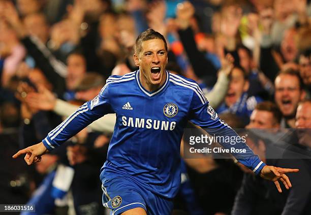 Fernando Torres of Chelsea celebrates scoring their second goal during the Barclays Premier League match between Chelsea and Manchester City at...