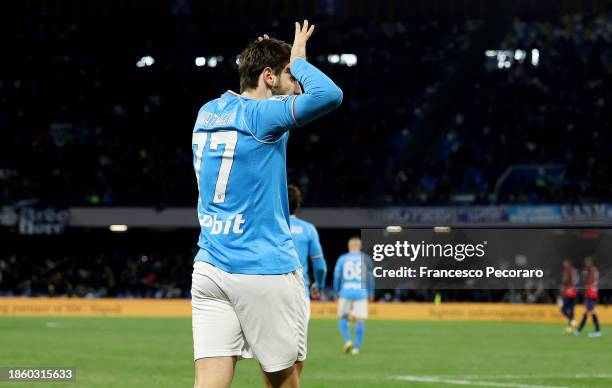 Khvicha Kvaratskhelia of SSC Napoli celebrates after scoring their team's second goal during the Serie A TIM match between SSC Napoli and Cagliari...