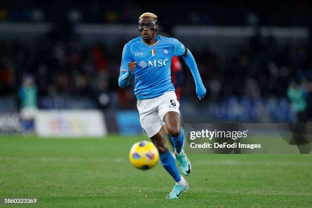 Victor Osimhen of SSC Napoli controls the ball during the Serie A TIM match between SSC Napoli and Cagliari Calcio at Stadio Diego Armando Maradona...