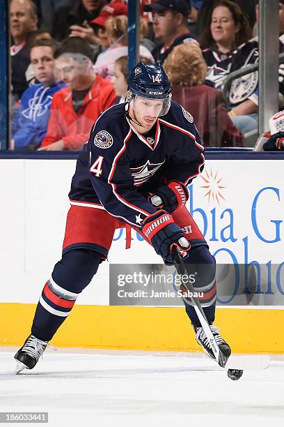 Blake Comeau of the Columbus Blue Jackets skates with the puck against the New Jersey Devils on October 22, 2013 at Nationwide Arena in Columbus,...