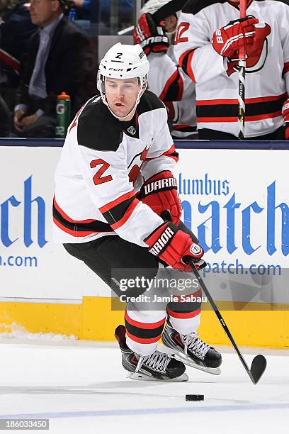Marek Zidlicky of the New Jersey Devils skates with the puck against the Columbus Blue Jackets on October 22, 2013 at Nationwide Arena in Columbus,...