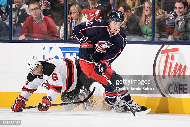 Artem Anisimov of the Columbus Blue Jackets skates with the puck against the New Jersey Devils on October 22, 2013 at Nationwide Arena in Columbus,...