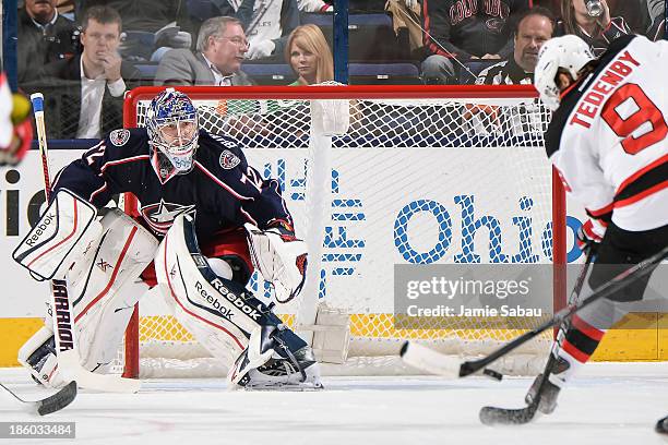 Goaltender Sergei Bobrovsky of the Columbus Blue Jackets defends the net against the New Jersey Devils on October 22, 2013 at Nationwide Arena in...