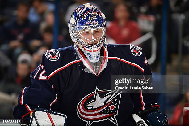 Goaltender Sergei Bobrovsky of the Columbus Blue Jackets defends the net against the New Jersey Devils on October 22, 2013 at Nationwide Arena in...