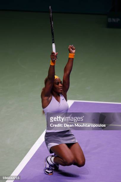 Serena Williams of the United States celebrates winning match point against Li Na of China in their Womens Final during day six of the TEB BNP...
