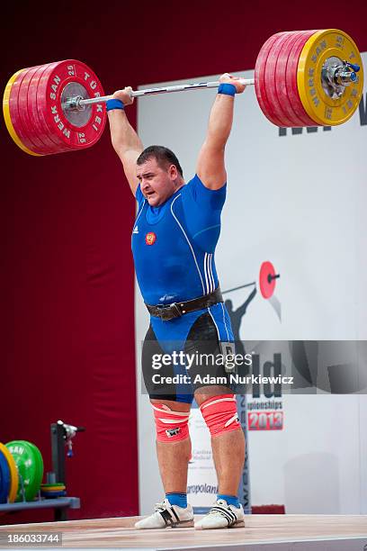 Ruslan Albegov from Russia lifts in the Clean & Jerk competition men's +105 kg Group A during weightlifting IWF World Championships Wroclaw 2013 at...