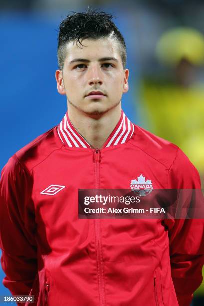 Marco Bustos of Canada during the FIFA U-17 World Cup UAE 2013 Group E match between Argentina and Canada at Al Rashid Stadium on October 25, 2013 in...