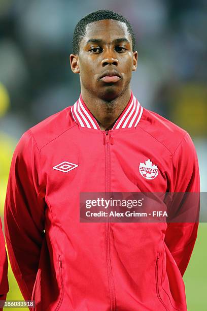 Kevon Black of Canada during the FIFA U-17 World Cup UAE 2013 Group E match between Argentina and Canada at Al Rashid Stadium on October 25, 2013 in...