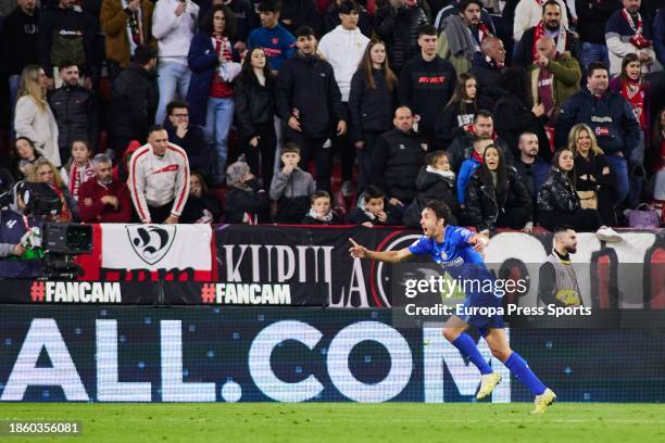 Jaime Mata of Getafe CF celebrates a goal during the Spanish league, LaLiga EA Sports, football match played between Sevilla FC and Getafe CF at...