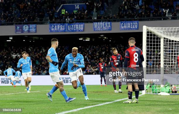 Victor Osimhen of SSC Napoli celebrates after scoring their team's first goal during the Serie A TIM match between SSC Napoli and Cagliari Calcio at...