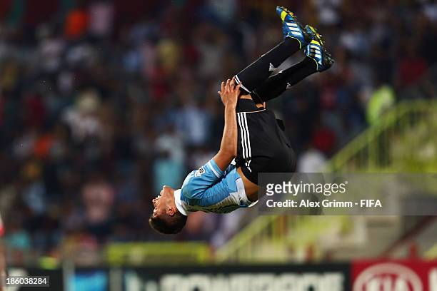 Joaquin Ibanez of Argentina celebrates a goal during the FIFA U-17 World Cup UAE 2013 Group E match between Argentina and Canada at Al Rashid Stadium...