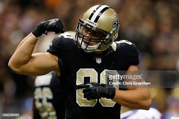 Jimmy Graham of the New Orleans Saints reacts after scoring a touchdown against the Buffalo Bills at Mercedes-Benz Superdome on October 27, 2013 in...