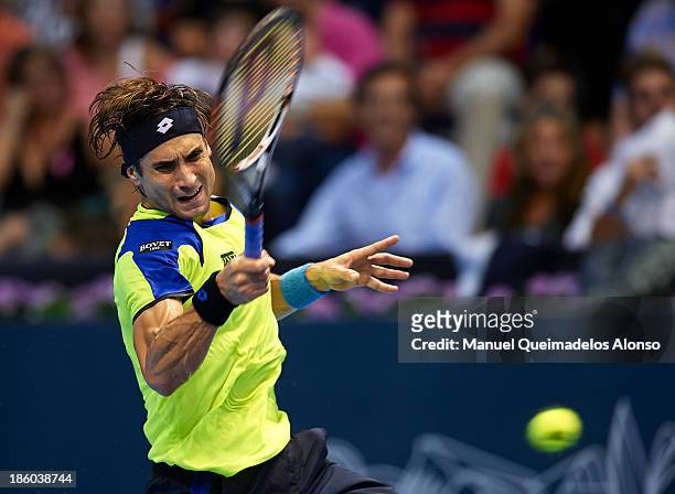 David Ferrer of Spain returns a shot during his Men's Singles match against Mikhail Youzhny of Russia during the final of the Valencia Open 500 at...