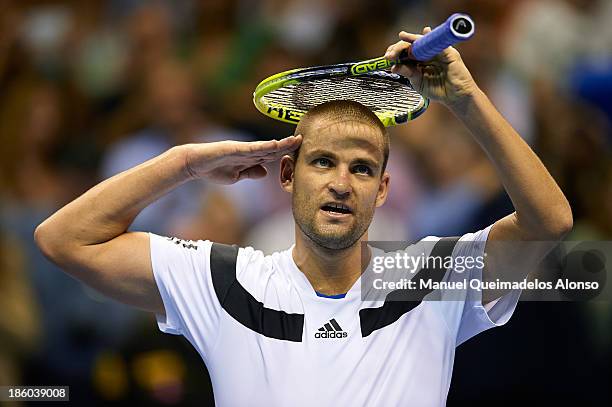 Mikhail Youzhny of Russia celebrates during his Men's Singles match against David Ferrer of Spain during the final of the Valencia Open 500 at the...