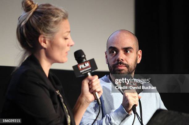 The Crash Reel" and "Waste Land" director Lucy Walker and editor Pedro Kos speak onstage at the Film Independent forum at the DGA Theater on October...