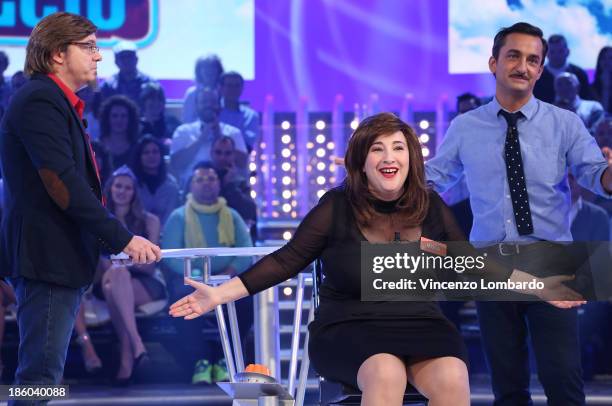 Corrado Nuzzo, Maria Di Biase and Nicola Savino attend 'Quelli Che Il Calcio' Italian TV Show on October 27, 2013 in Milan, Italy.