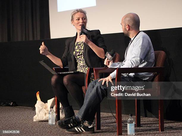 The Crash Reel" and "Waste Land" director Lucy Walker and editor Pedro Kos speak onstage at the Film Independent forum at the DGA Theater on October...