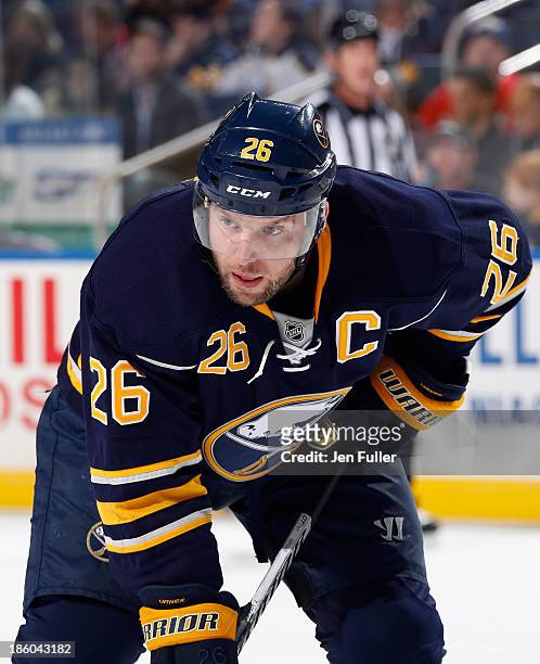 Thomas Vanek of the Buffalo Sabres prepares for a face-off against the Tampa Bay Lightning at First Niagara Center on October 8, 2013 in Buffalo, New...