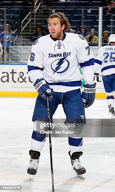 Pierre-Cedric Labrie of the Tampa Bay Lightning warms up to play the Buffalo Sabres at First Niagara Center on October 8, 2013 in Buffalo, New York.