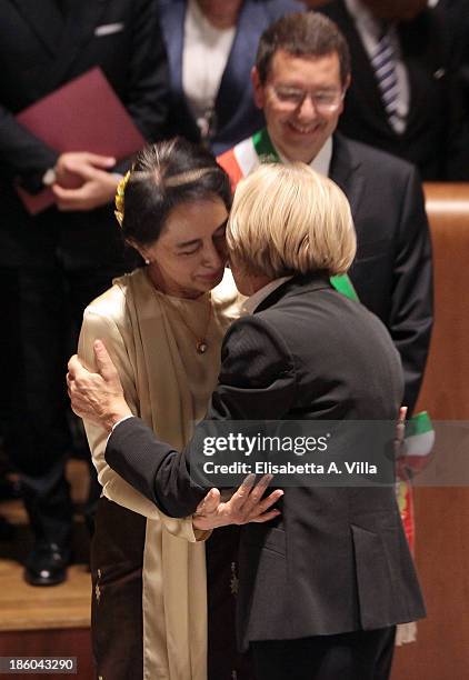 Nobel Peace Laureate Aung San Suu Kyi meets Italian Minister of Foreign Affairs Emma Bonino before she receives the honorary citizenship of Rome from...