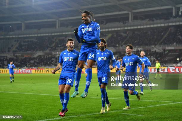 Tyronne Ebuehi of Empoli FC celebrates scoring a goal, which is later ruled following a VAR Review which concludes an offside ruling, during the...