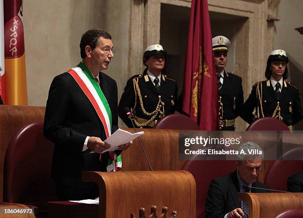 Rome's Mayor Ignazio Marino attends the Nobel Peace Laureate Aung San Suu Kyi honorary citizenship of Rome cerimony in Campidoglio on October 27,...