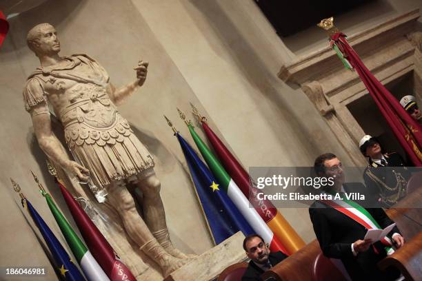 Rome's Mayor Ignazio Marino attends the Nobel Peace Laureate Aung San Suu Kyi honorary citizenship of Rome cerimony in Campidoglio on October 27,...