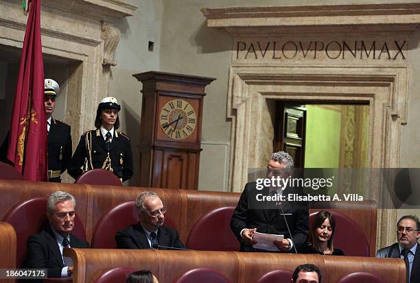 Soccer player Roberto Baggio delivers a speech during the Nobel Peace Laureate Aung San Suu Kyi receives the honorary citizenship of Rome from Mayor...