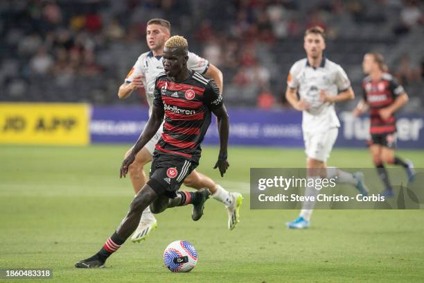 Valentino Yuel of the Wanderers dribbles the ball during the A-League Men round eight match between Western Sydney Wanderers and Adelaide United at...