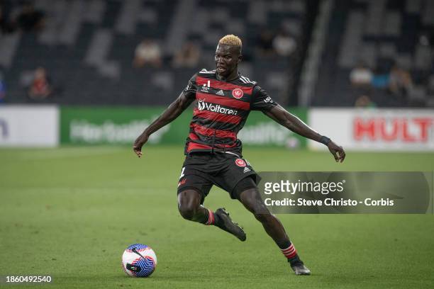 Valentino Yuel of the Wanderers dribbles the ball during the A-League Men round eight match between Western Sydney Wanderers and Adelaide United at...